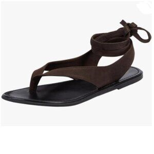 FOWT Dark Brown Split Round Toe Sandals Lace up Strappy Flip Flop Shoes